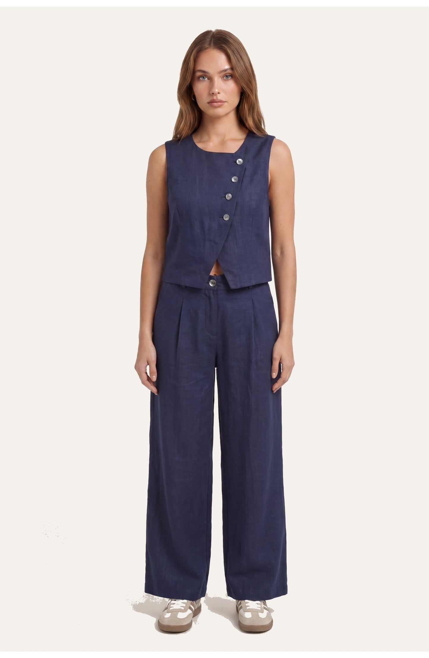 Women's Two-Piece Co-ord Set | Asymmetric Navy Vest | Wide-Leg Trousers