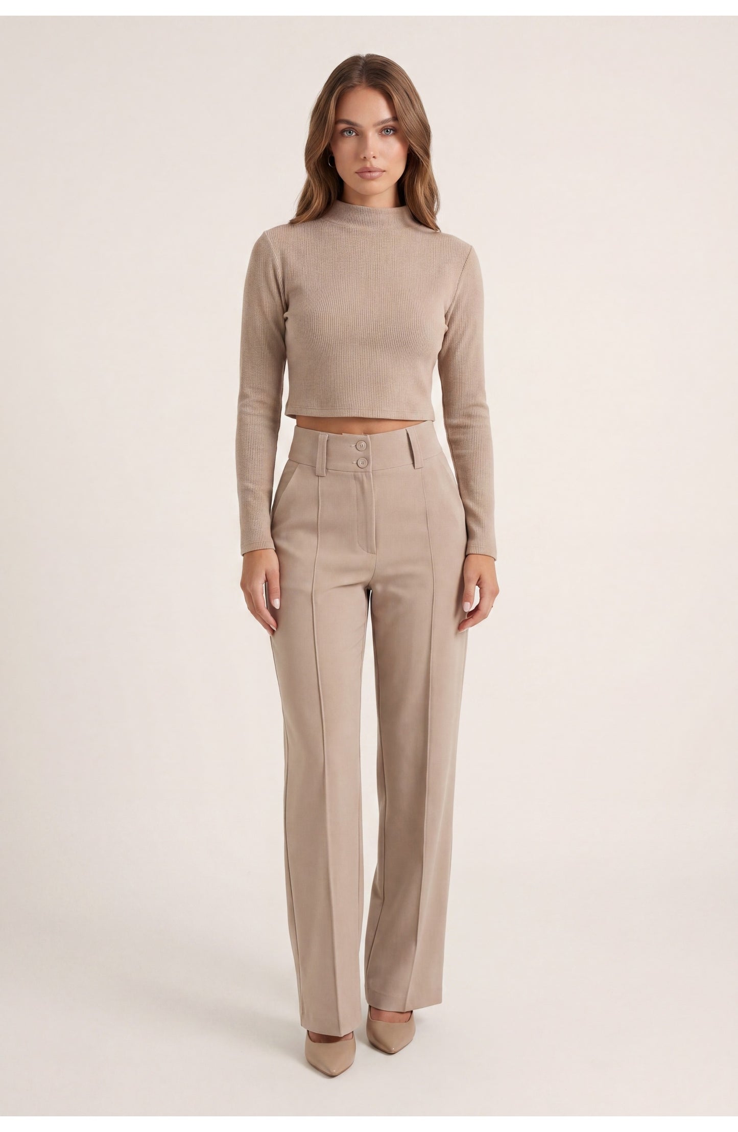 Women's Co-ord Set | Mock-Neck Crop Top | High-Waist Wide-Leg Trousers