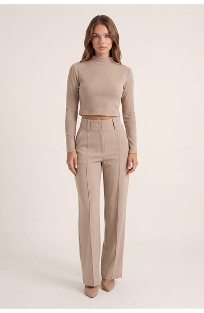 Women's Co-ord Set | Mock-Neck Crop Top | High-Waist Wide-Leg Trousers
