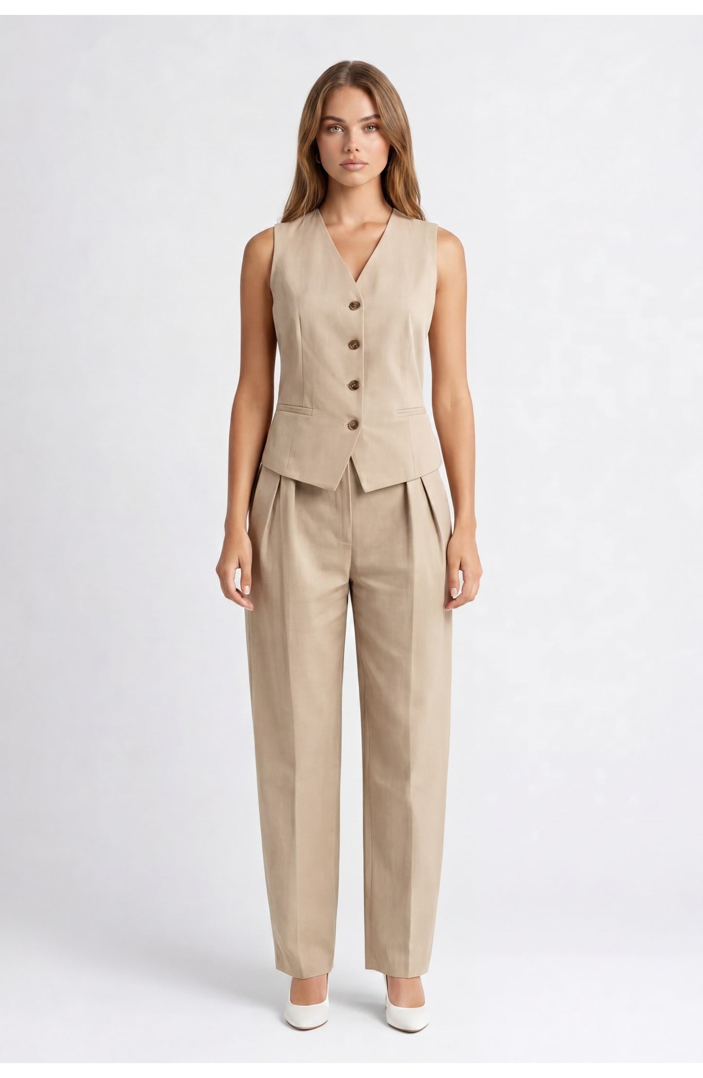 Women's Tailored Co-ord Set | V-Neck Buttoned Waistcoat | Pleated Wide-Leg Trousers