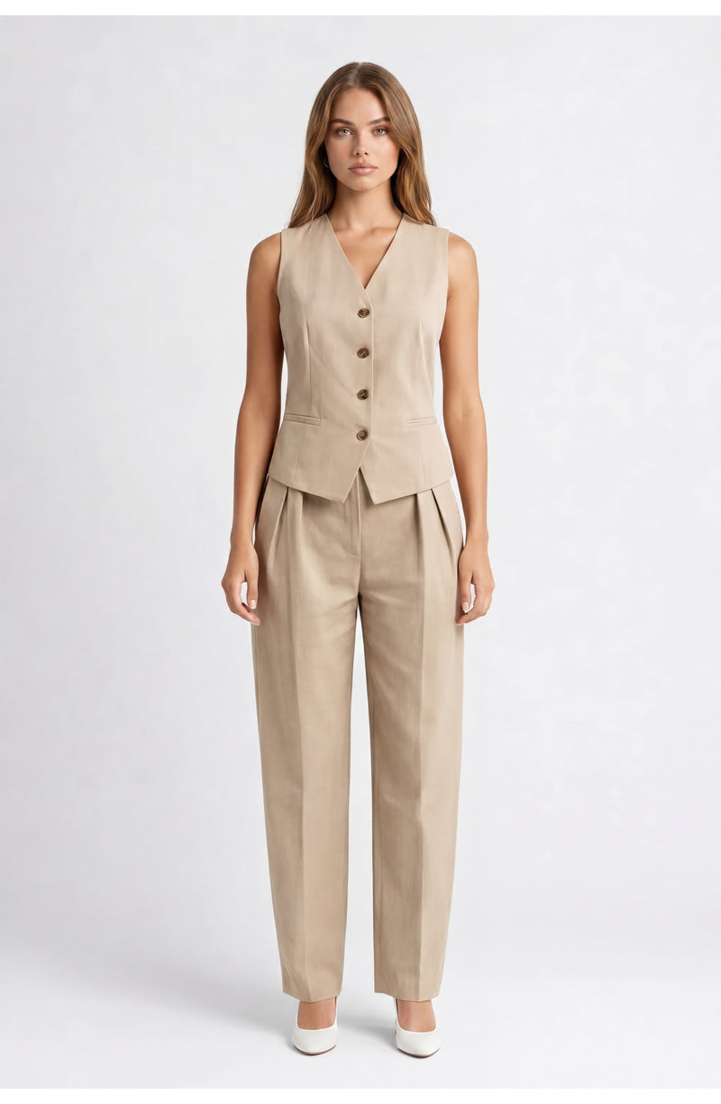 Women's Tailored Co-ord Set | V-Neck Buttoned Waistcoat | Pleated Wide-Leg Trousers