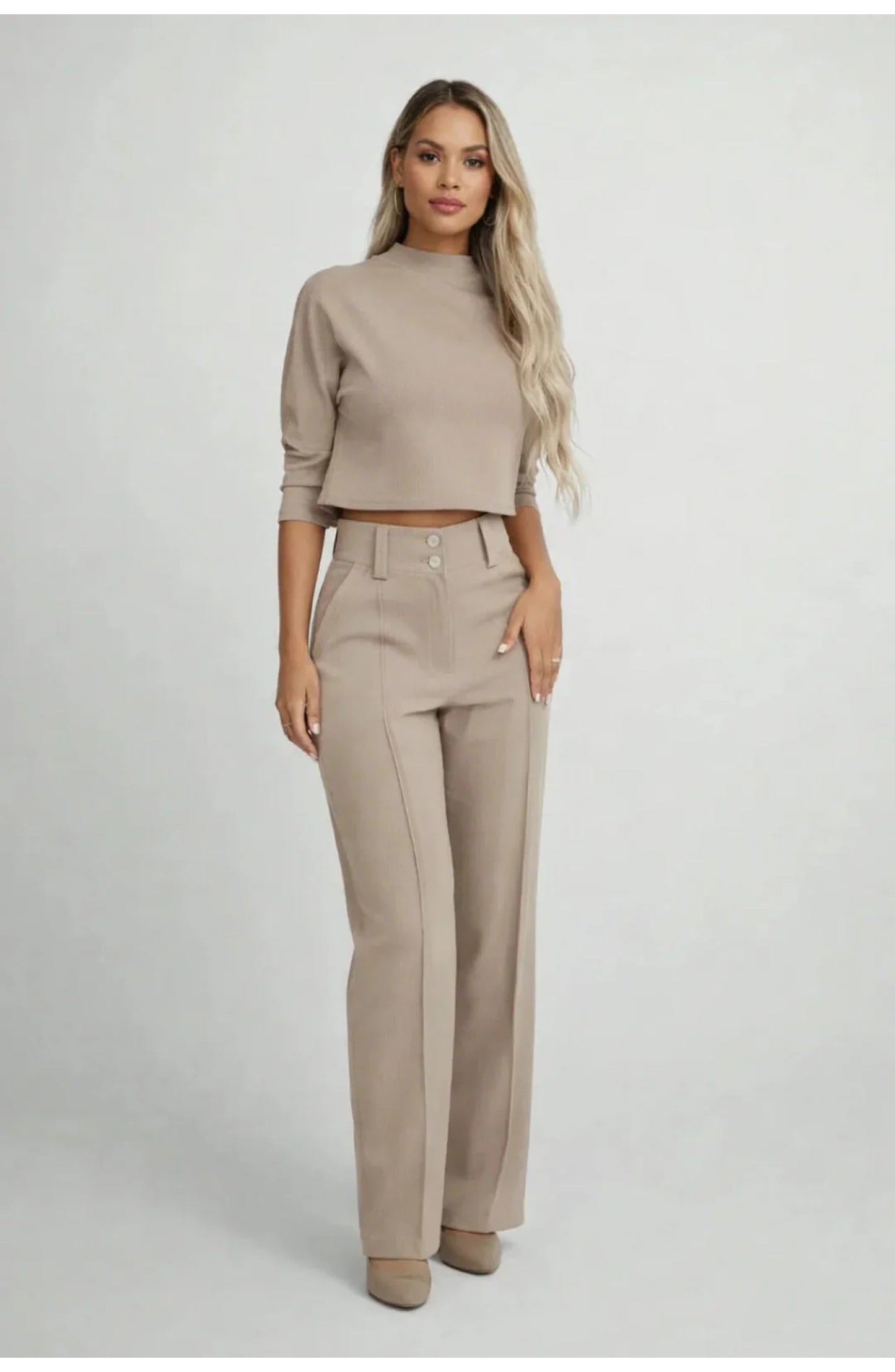 Women's Co-ord Set | Mock-Neck Crop Top | High-Waist Wide-Leg Trousers