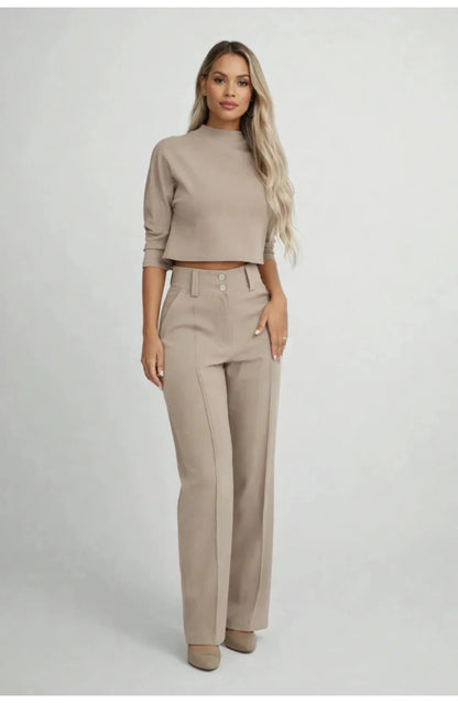 Women's Co-ord Set | Mock-Neck Crop Top | High-Waist Wide-Leg Trousers