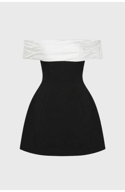Women's Off-Shoulder Mini Dress | Contrast Bandeau Drape | Fit-and-Flare Skirt
