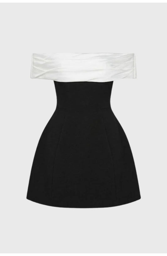 Women's Off-Shoulder Mini Dress | Contrast Bandeau Drape | Fit-and-Flare Skirt