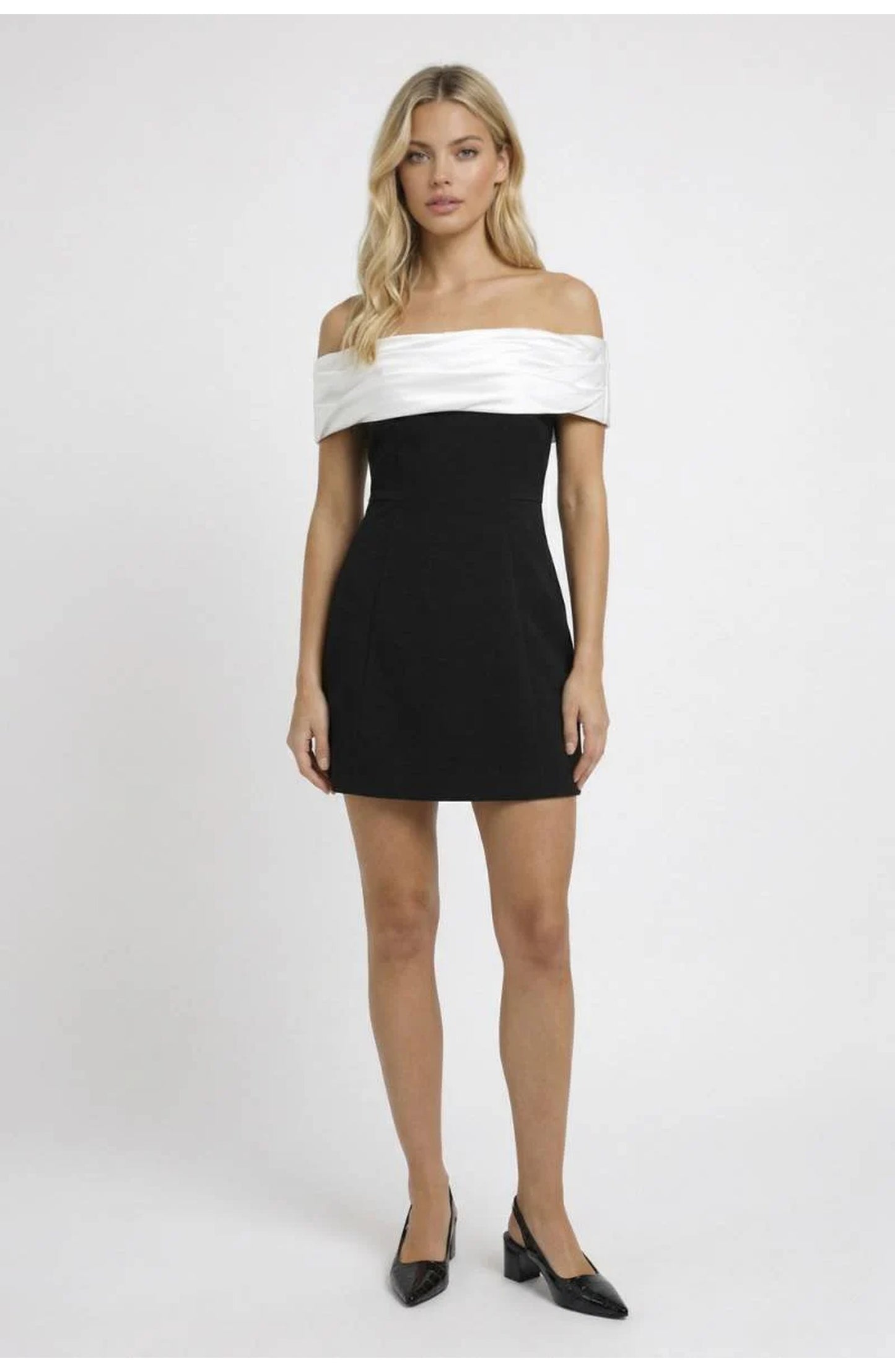 Women's Off-Shoulder Mini Dress | Contrast Bandeau Drape | Fit-and-Flare Skirt