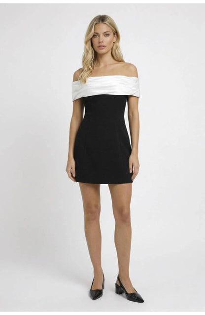 Women's Off-Shoulder Mini Dress | Contrast Bandeau Drape | Fit-and-Flare Skirt