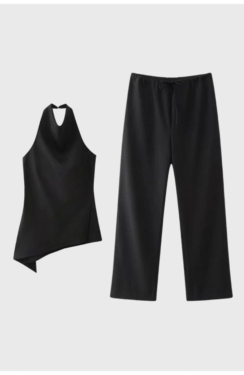 Women's Co-ord Set | Asymmetric Halter Top | Wide-Leg Drawstring Trousers