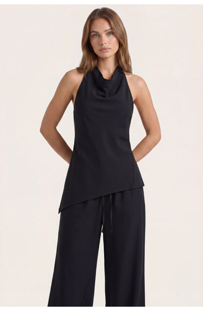 Women's Co-ord Set | Asymmetric Halter Top | Wide-Leg Drawstring Trousers