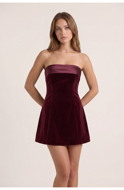 Women's Strapless Mini Dress | Contrast Bandeau Top | Fit-and-Flare Skirt