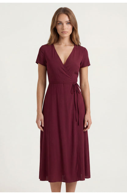Women's Wrap Midi Dress | Surplice V-Neck | Tie Waist