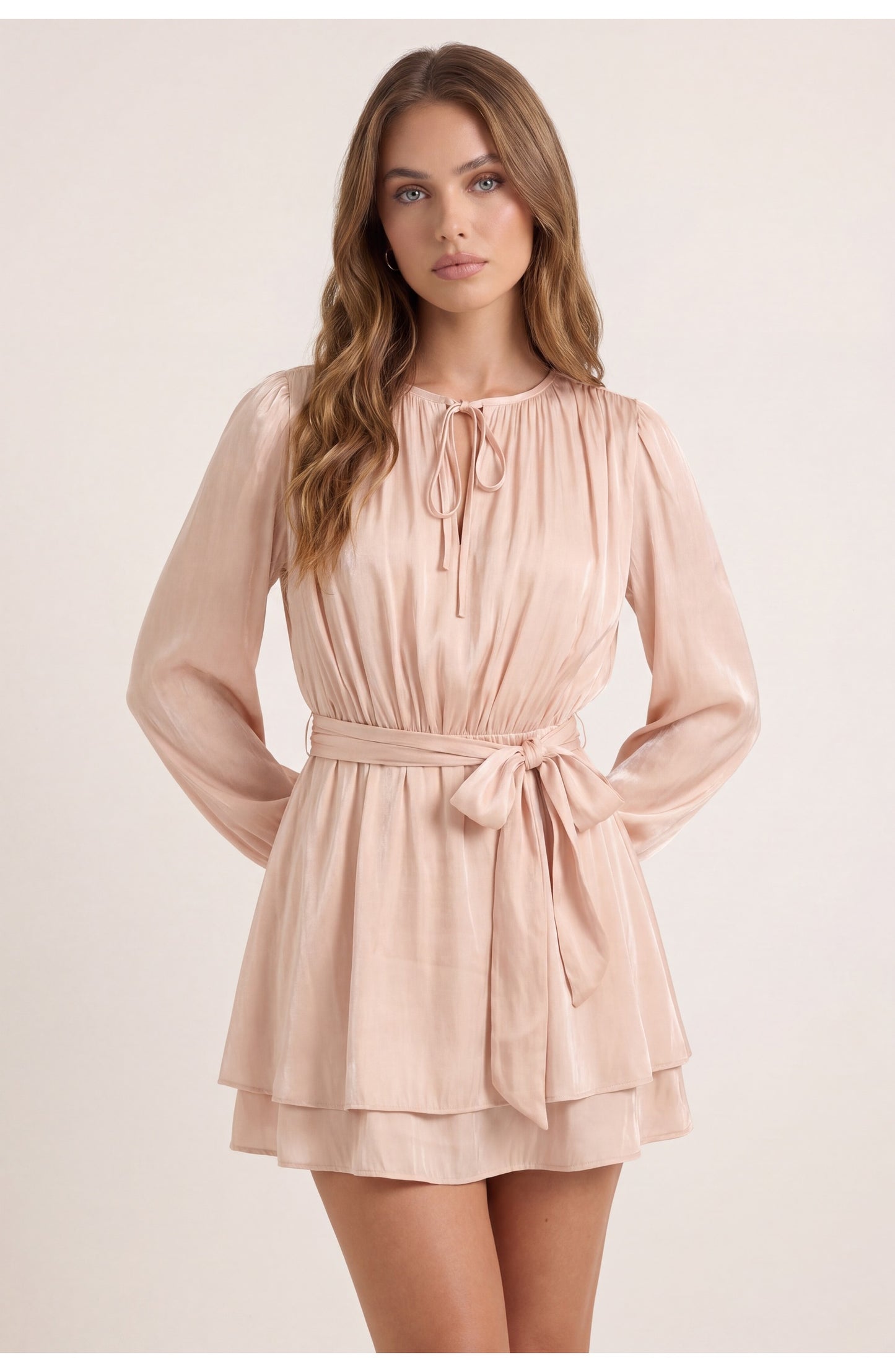 Women's Belted Mini Dress | Volumed Balloon Sleeves | Soft Tiered Skirt