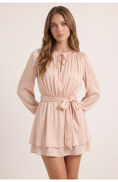 Women's Belted Mini Dress | Volumed Balloon Sleeves | Soft Tiered Skirt
