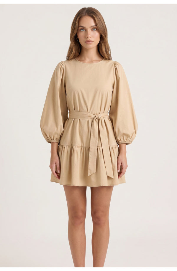 Women's Belted Mini Dress | Volumed Balloon Sleeves | Soft Tiered Skirt