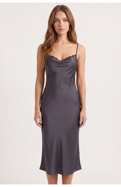 Women's Slip Midi Dress | Cowl Neck | Lace Trim