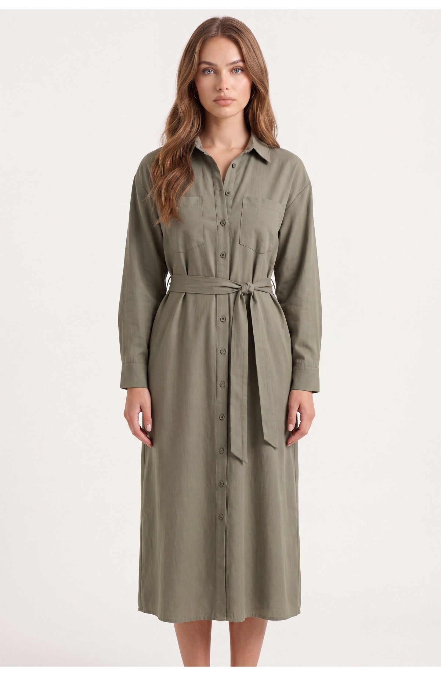 Women's Shirt Midi Dress | Collared Neck | Button Front | Belted