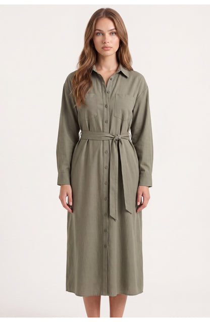 Women's Shirt Midi Dress | Collared Neck | Button Front | Belted