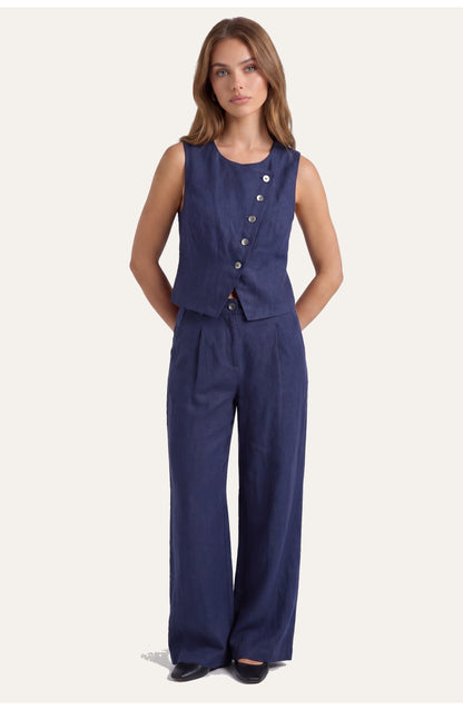 Women's Two-Piece Co-ord Set | Asymmetric Navy Vest | Wide-Leg Trousers