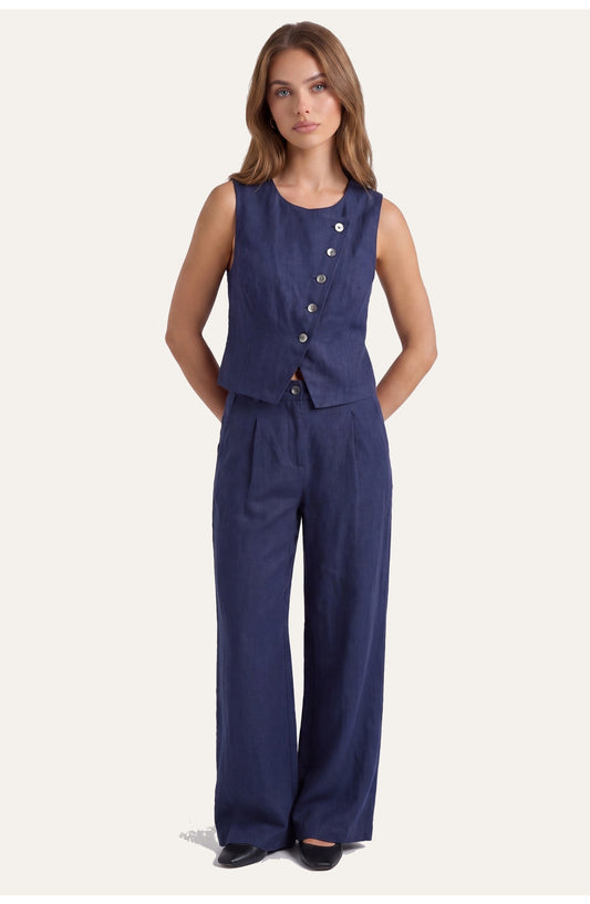 Women's Two-Piece Co-ord Set | Asymmetric Navy Vest | Wide-Leg Trousers