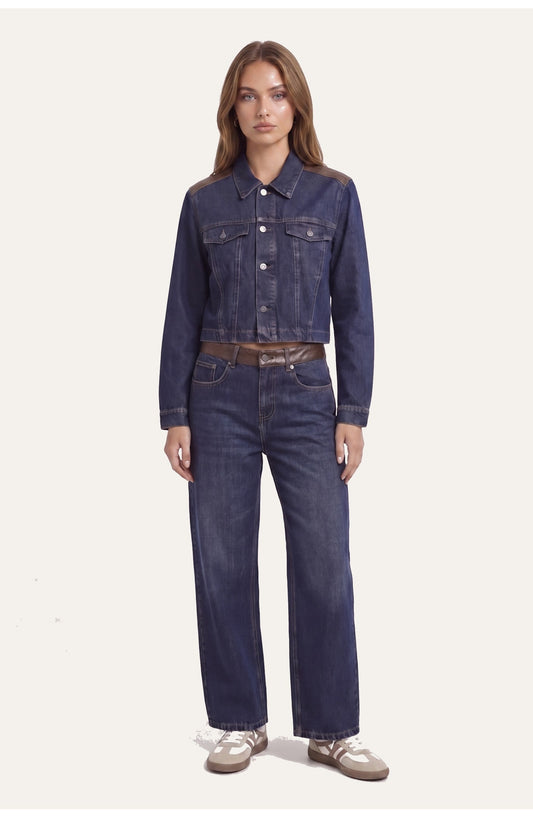Women's Denim Co-ord Set | Vintage Wash Jacket | Wide-Leg Jeans with Leather Trim