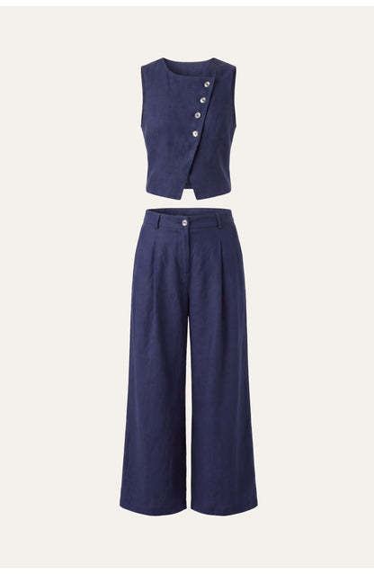 Women's Two-Piece Co-ord Set | Asymmetric Navy Vest | Wide-Leg Trousers