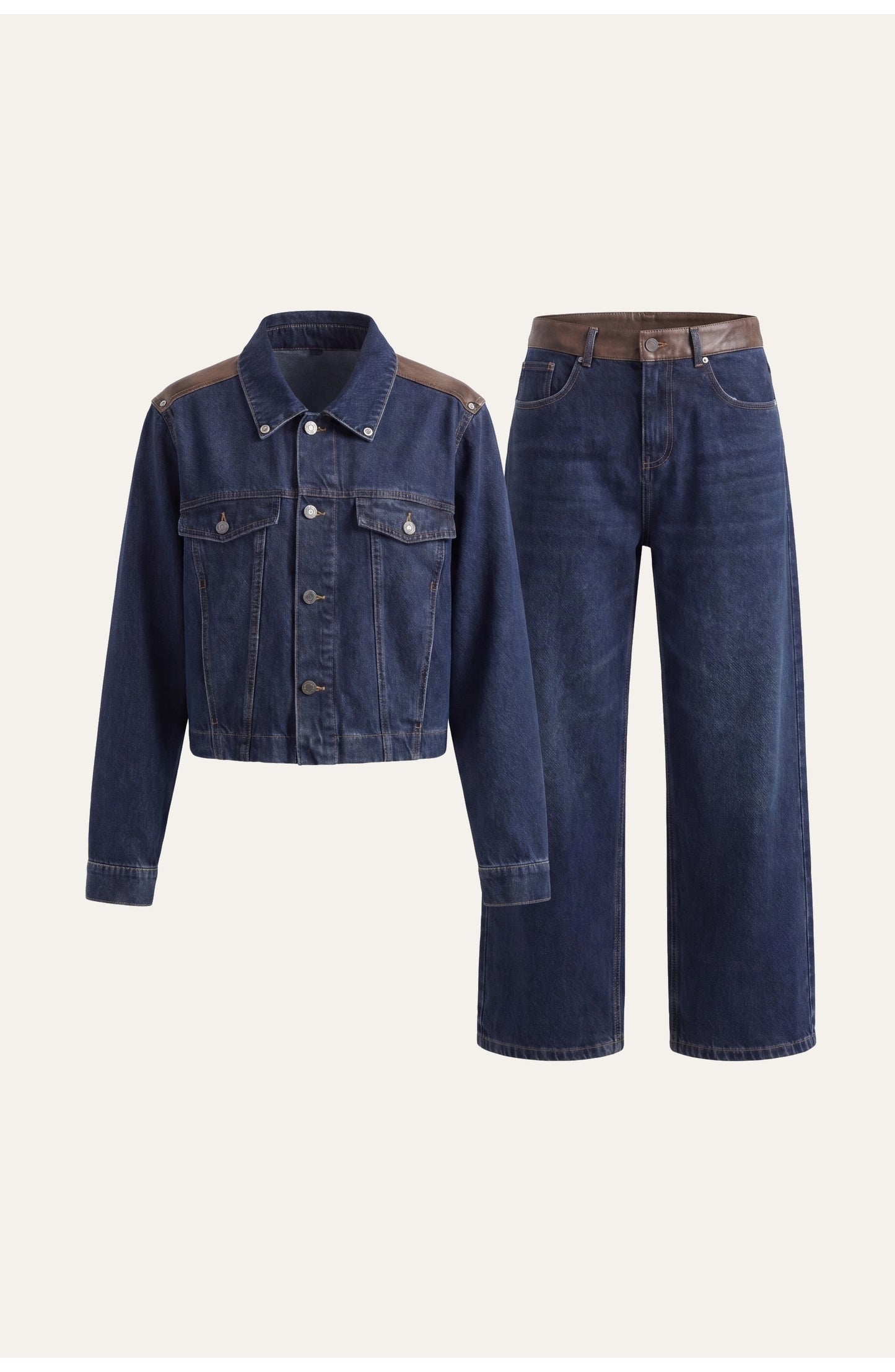 Women's Denim Co-ord Set | Vintage Wash Jacket | Wide-Leg Jeans with Leather Trim