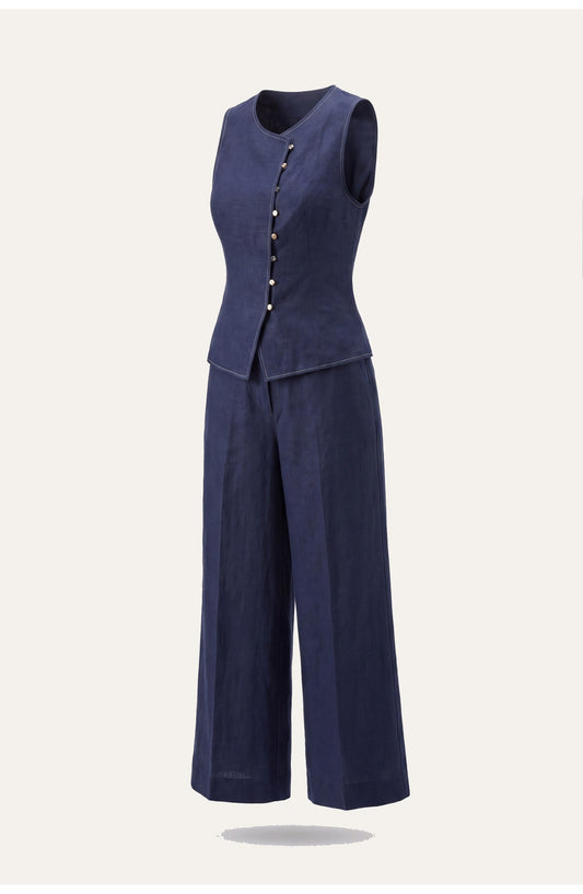 Women's Two-Piece Co-ord Set | Sleeveless Navy Vest | Wide-Leg Trousers