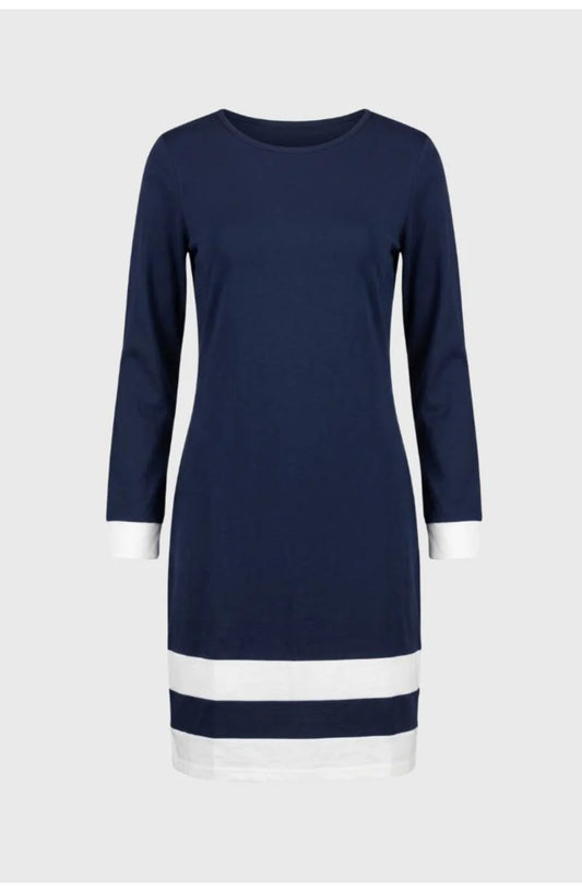 Women's Long-Sleeve Mini Dress | Contrast Stripe Hem | Ribbed Round Neckline