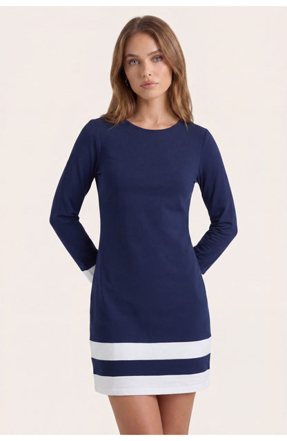 Women's Long-Sleeve Mini Dress | Contrast Stripe Hem | Ribbed Round Neckline