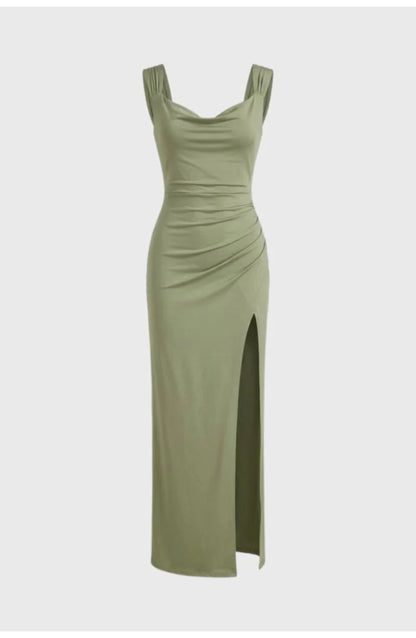 Women's Maxi Dress | V-Neck with Cowl Drape | High Side Slit