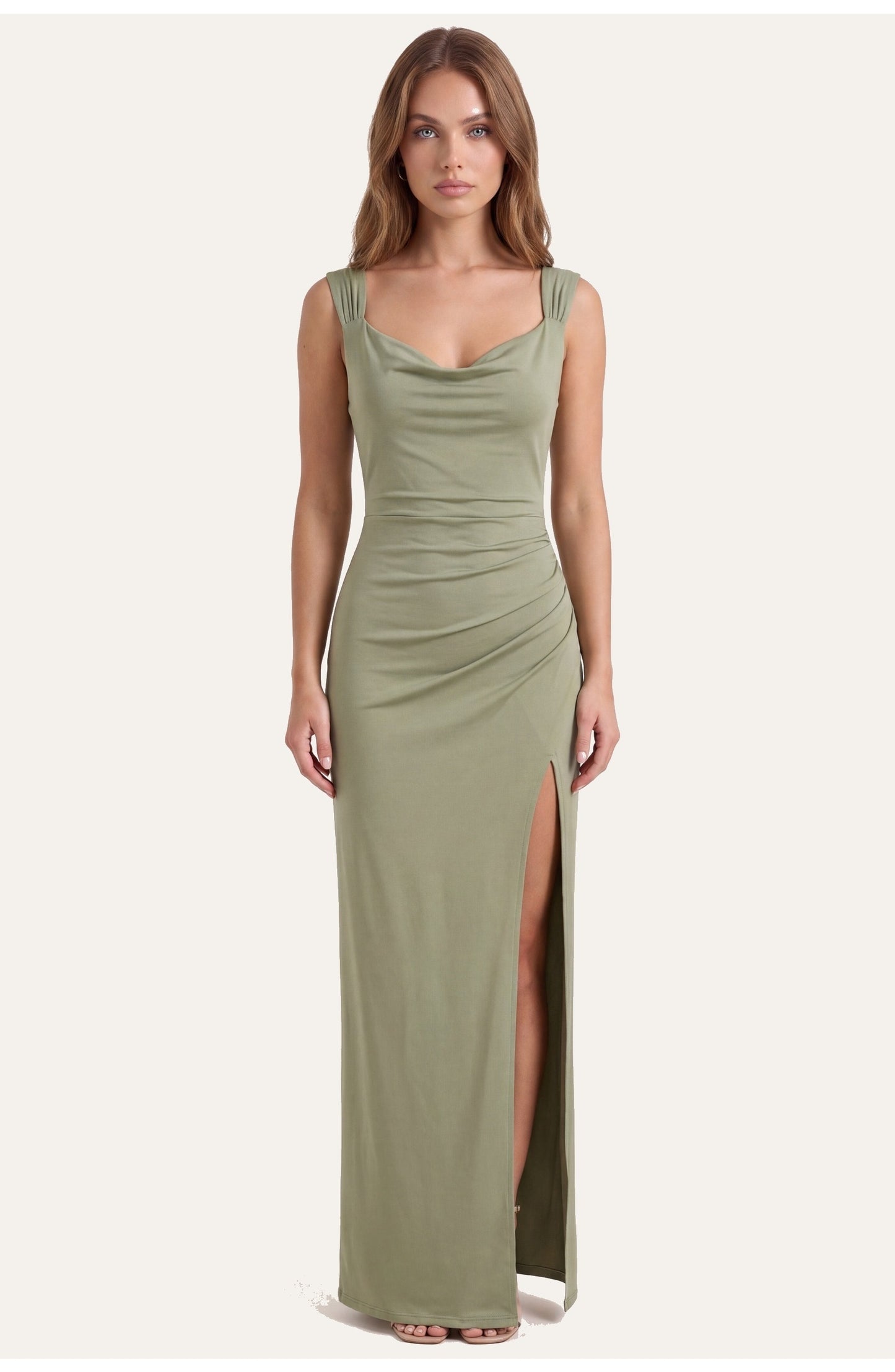 Women's Maxi Dress | V-Neck with Cowl Drape | High Side Slit