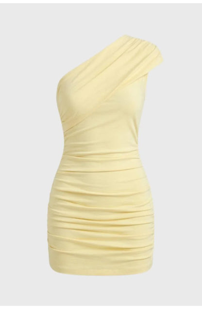 Women's One-Shoulder Mini Dress | Asymmetric Draped Neckline | Ruched Bodycon Fit