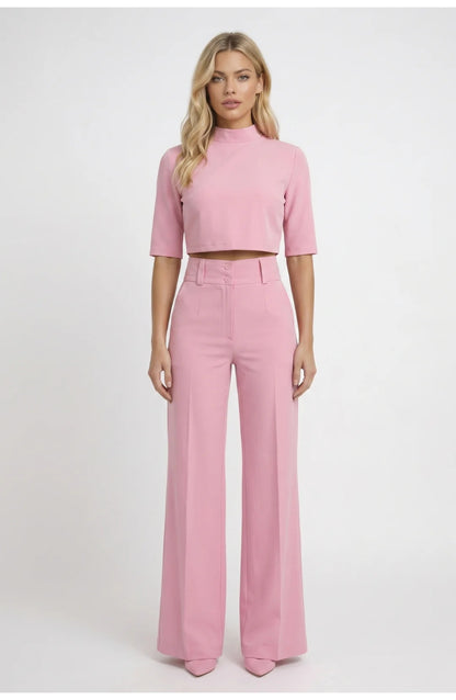 Women's Co-ord Set | Mock-Neck Crop Top | High-Waist Wide-Leg Trousers