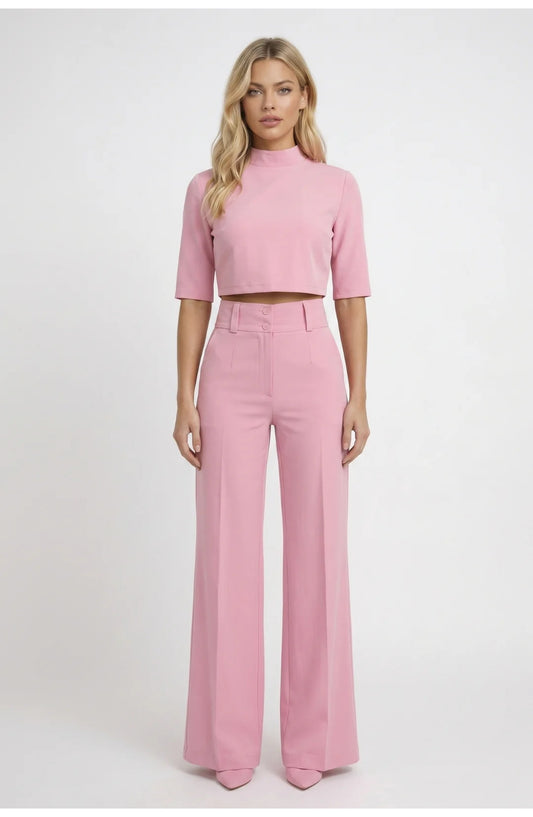Women's Co-ord Set | Mock-Neck Crop Top | High-Waist Wide-Leg Trousers