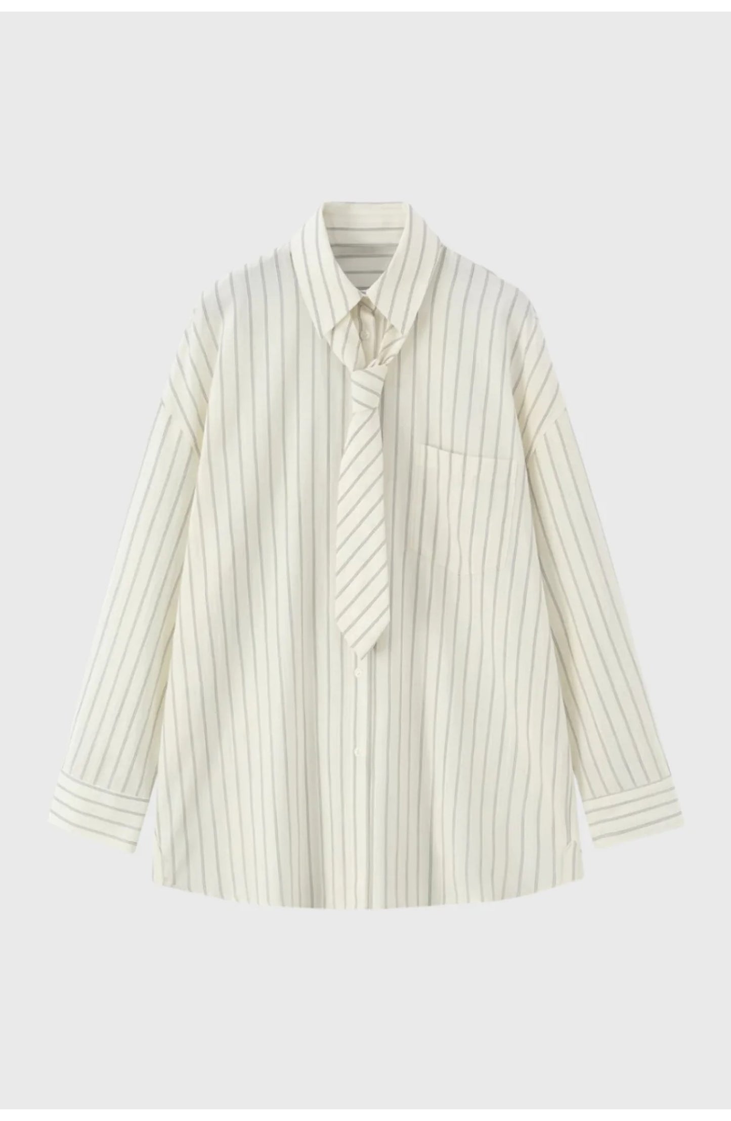 Women's Oversized Pinstripe Shirt | Attached Tie Detail | Button-Down Collar