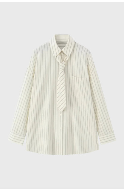 Women's Oversized Pinstripe Shirt | Attached Tie Detail | Button-Down Collar