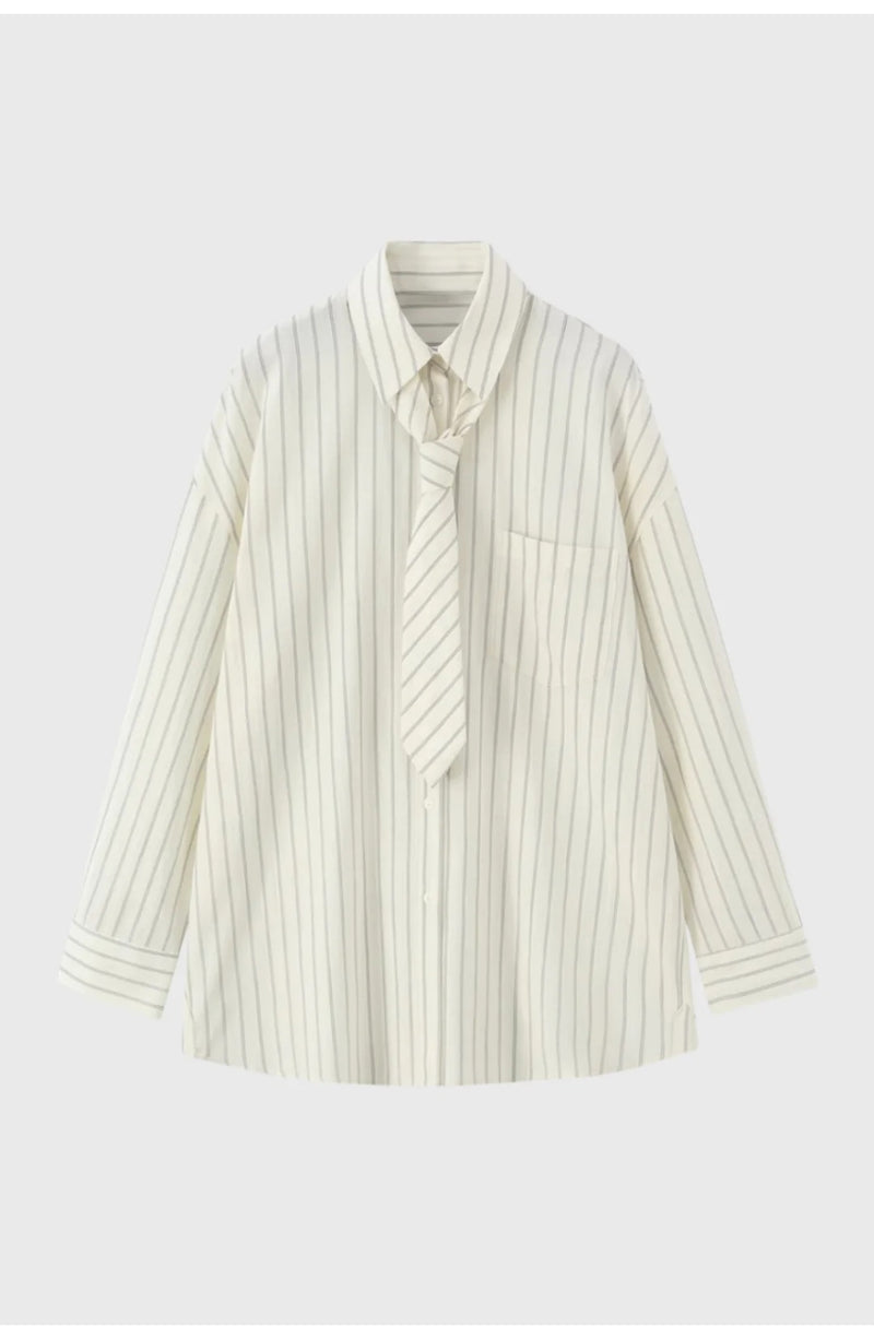Women's Oversized Pinstripe Shirt | Attached Tie Detail | Button-Down Collar
