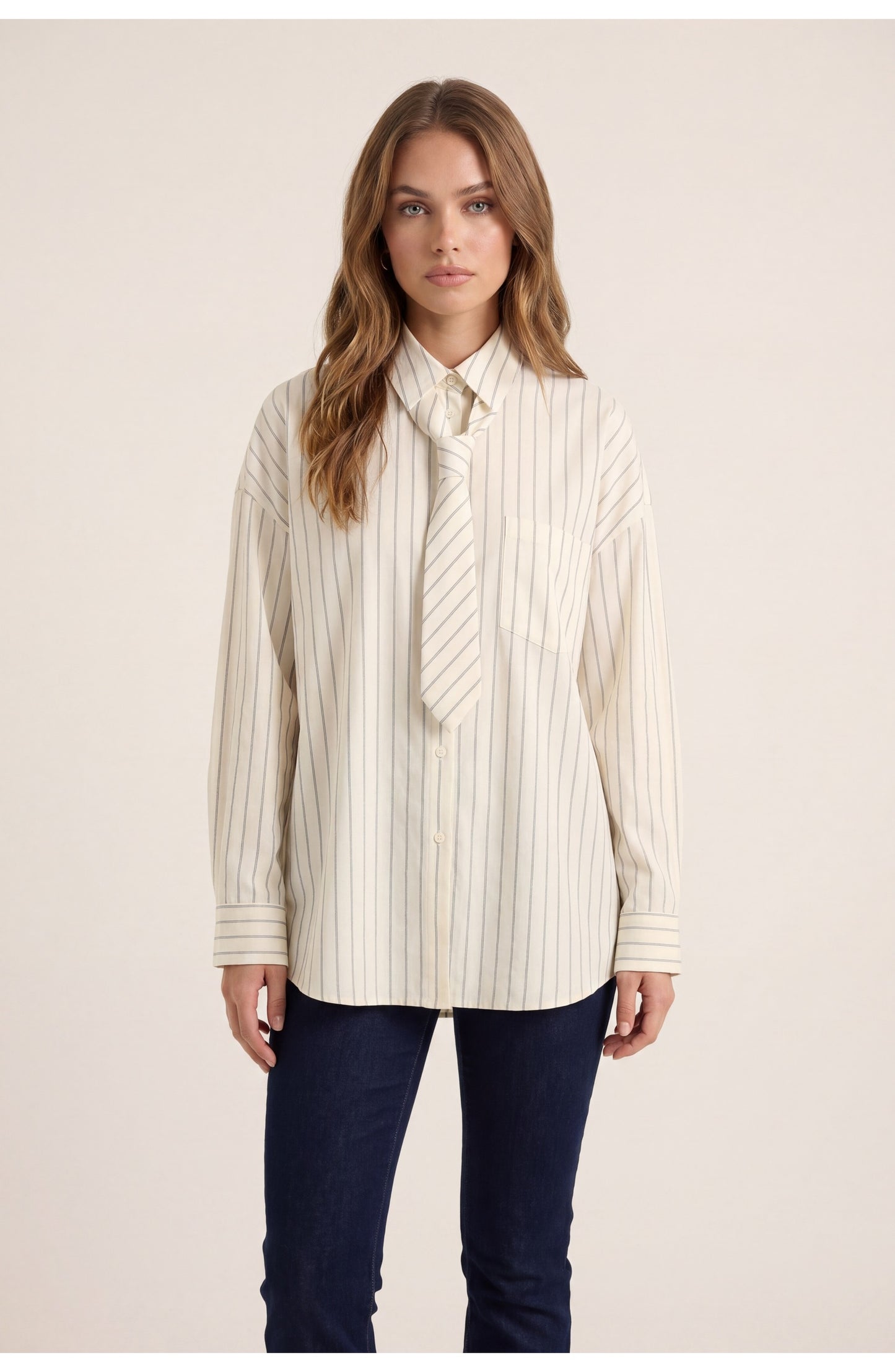 Women's Oversized Pinstripe Shirt | Attached Tie Detail | Button-Down Collar