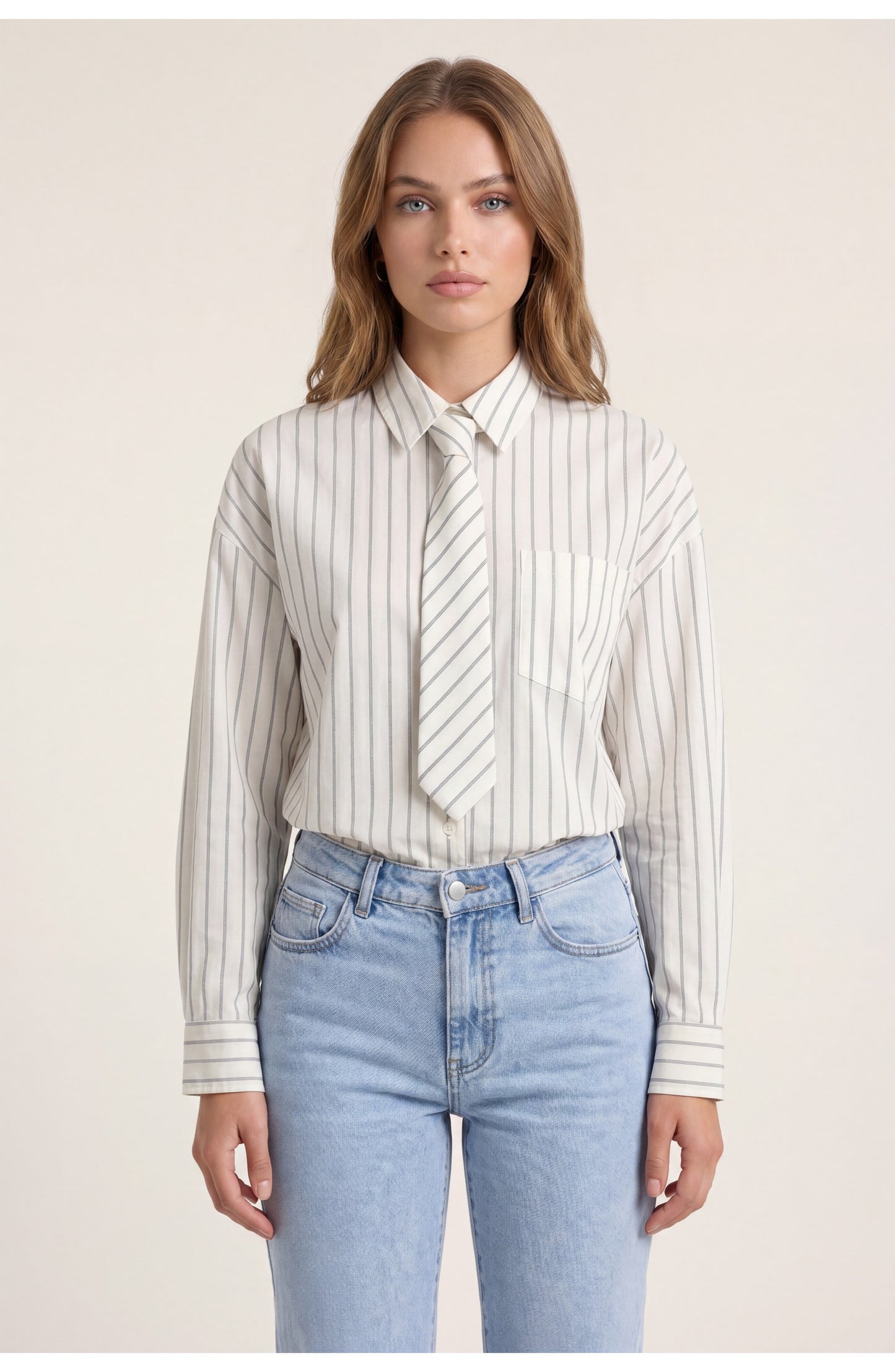 Women's Oversized Pinstripe Shirt | Attached Tie Detail | Button-Down Collar