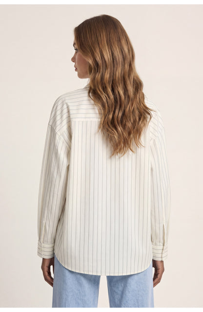 Women's Oversized Pinstripe Shirt | Attached Tie Detail | Button-Down Collar
