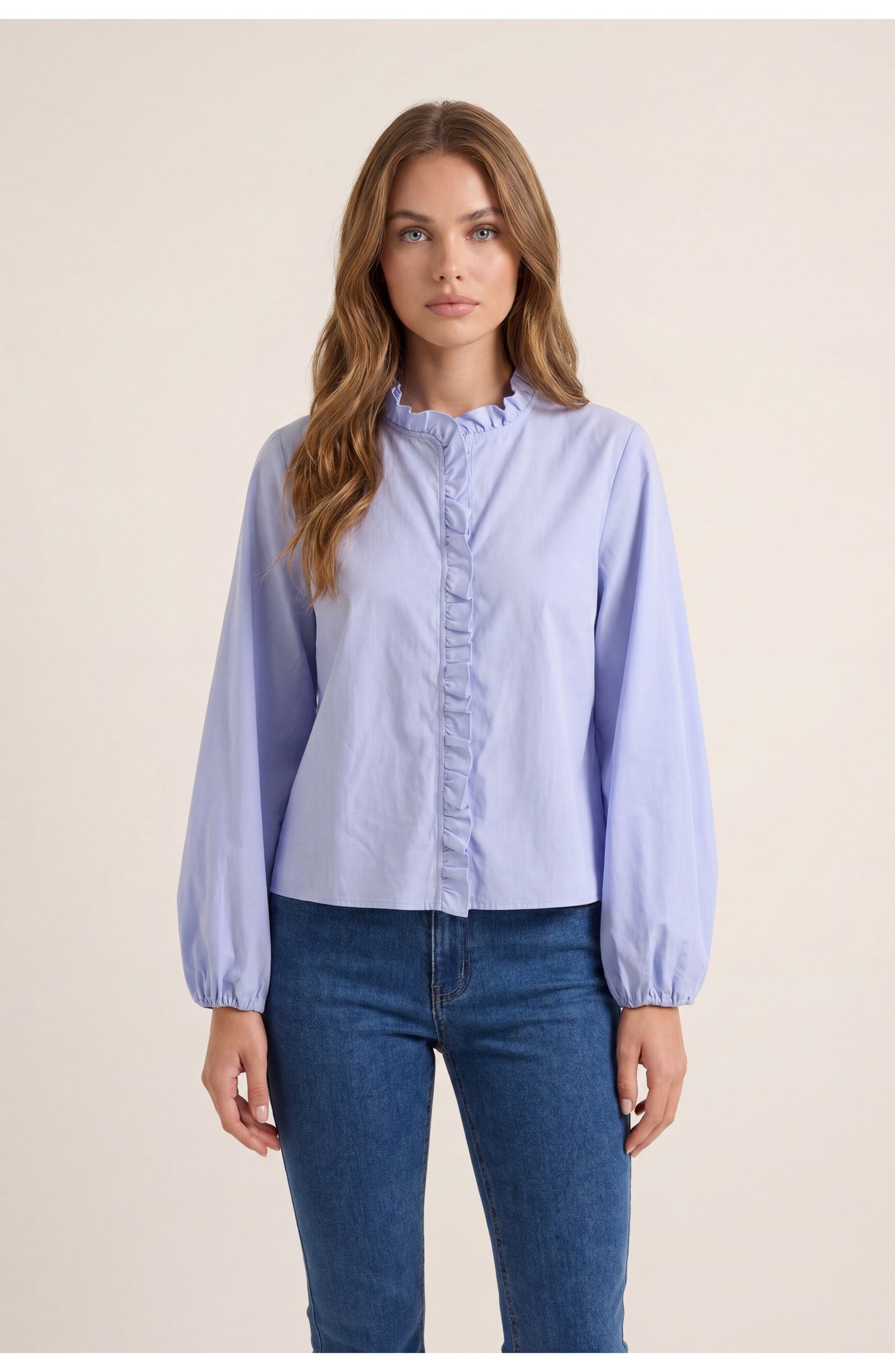 Women's Long-Sleeve Blouse | Ruffled Stand Collar | Volumed Balloon Sleeves