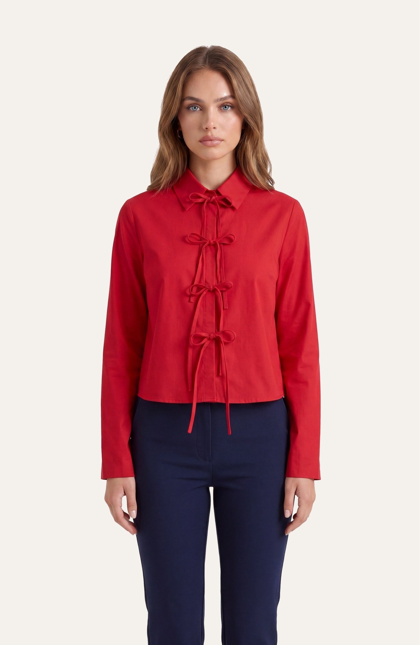 Women's Long-Sleeve Blouse | Front Bow-Tie Closures | Fitted Silhouette