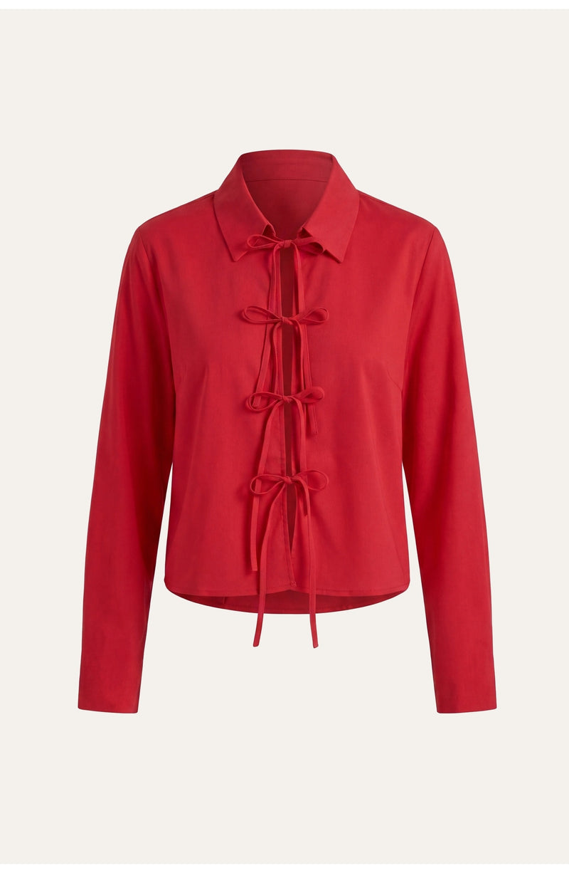 Women's Long-Sleeve Blouse | Front Bow-Tie Closures | Fitted Silhouette