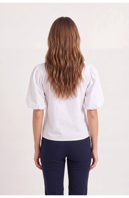 Women's Puff-Sleeve Blouse | Round Neck | Keyhole Back