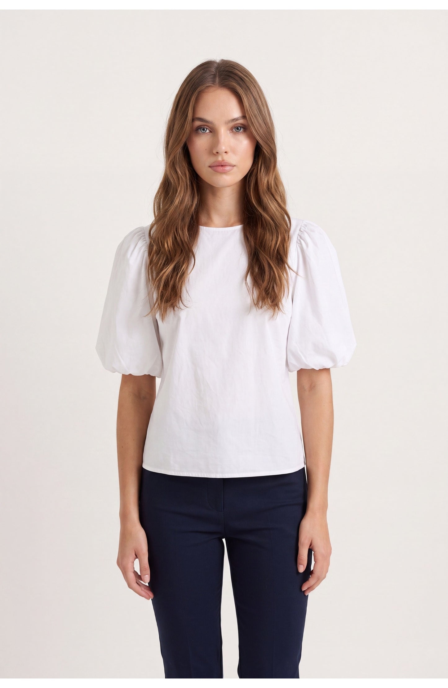 Women's Puff-Sleeve Blouse | Round Neck | Keyhole Back