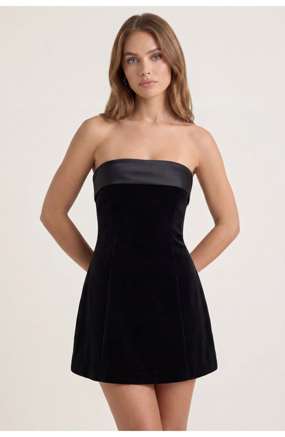 Women's Strapless Mini Dress | Contrast Bandeau Top | Fit-and-Flare Skirt