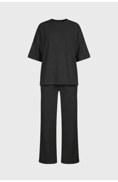 Women's Loungewear Co-ord Set | Oversized Crew-Neck T-Shirt | Wide-Leg Trousers